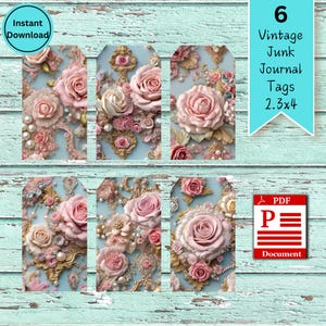 May include: Six printable vintage junk journal tags featuring a floral design with pink roses, pearls, and gold accents. The tags are 2.5 inches by 4 inches.