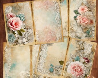 Pode incluir: Páginas de diário com estética vintage. Cada página apresenta um design floral com rosas cor-de-rosa, detalhes azuis e delicadas bordas de renda. As páginas medem 21,6 x 27,9 cm, com uma aparência envelhecida e desgastada.