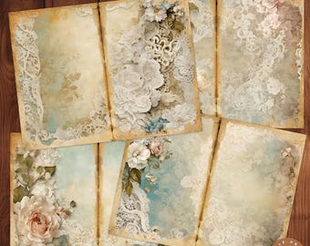 Pode incluir: Quatro páginas de diário imprimíveis com uma estética vintage. Cada página apresenta um delicado design de renda com detalhes florais em tons de branco, creme e azul. As páginas são projetadas para papel de 21,6x27,9 cm.