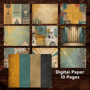 Könnte beinhalten: Eine Sammlung von zehn digitalen Papierdesigns mit einem Vintage-Zirkus-Thema. Die Designs zeigen gealterte Texturen, Zirkuszeltdarstellungen und Textelemente. Die Farbpalette umfasst Gelb-, Blau- und Brauntöne. Der Text "Digital Paper 10 Pages" ist sichtbar.