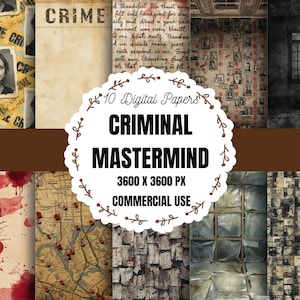 May include: A digital paper set with a criminal theme. The image features various backgrounds, including crime scene photos, blood splatters, and vintage maps. Text on the image reads "CRIMINAL MASTERMIND" and "COMMERCIAL USE."