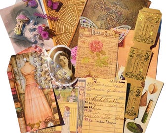 May include: A collection of vintage ephemera, including a book, tickets, and cards. The items feature floral and butterfly motifs, with a color palette of beige, pink, and brown. There is text on some of the items.