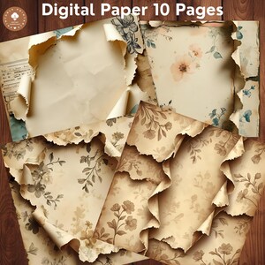 Könnte beinhalten: Digitale Papierbögen mit Vintage-Ästhetik. Die Papiere weisen florale und botanische Designs in gedämpften Tönen von Beige, Braun und Grün auf. Die Ränder der Papiere sind zerrissen, was ihnen einen Used-Look verleiht. Der Text "Digital Paper 10 Pages" steht oben.