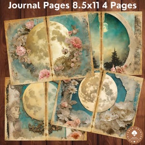 Pode incluir: Quatro páginas de diário imprimíveis com lua cheia, desenhos florais e estética vintage. As páginas medem 8,5x11 polegadas.