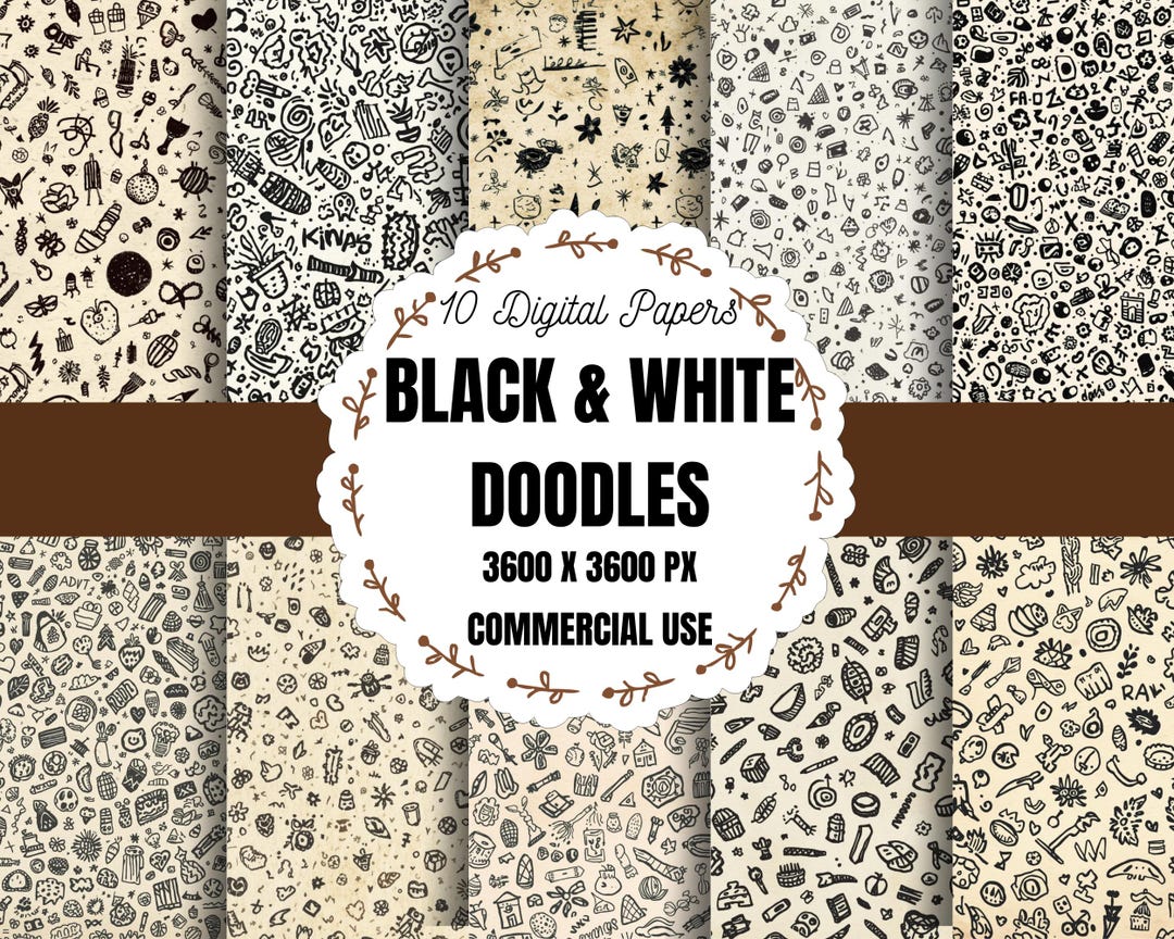 Black and White Doodles Digital Paper, Black White Doodle Scrapbook ...