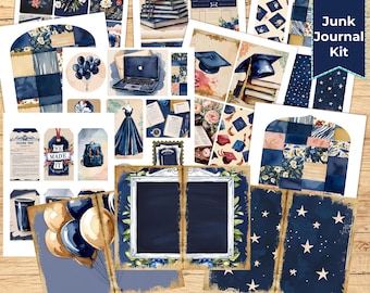 May include: A digital scrapbook kit with 35 pieces featuring a blue and white colour scheme. The kit includes images of books, stars, graduation caps, and other school-themed elements. The text "Junk Journal Kit" is visible in the image.
