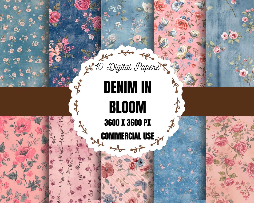Denim Bloom Digital Paper, Floral Pink Paper, Blue Jean Flower, Country ...
