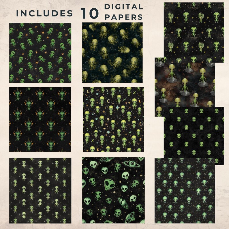 Alien Space Digital Paper, Cute Alien Scrapbook Paper, Cosmic Galaxy ...