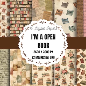 May include: A collage of ten digital papers with vintage book and typewriter designs. The papers feature illustrations of books, bookshelves, and text, with a central graphic that reads "I'M A OPEN BOOK". The papers are 3600 x 3600 px and for commercial use.