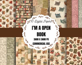 Library Digital Paper, Vintage Library Backgrounds, Antique Book Digital Paper, Old Books Digital Scrapbook Paper, Reading Theme Printable