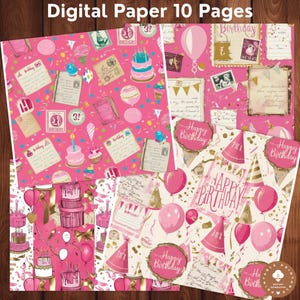 Happy Birthday Vintage Digital Paper, Vintage Birthday Scrapbook Paper, Digital Birthday Backgrounds, Retro Birthday Party Paper, Pink Paper