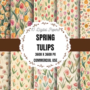 May include: Ten digital papers showcasing watercolour illustrations of spring tulips in diverse colours. The papers have a vintage aesthetic and are for commercial use. The image text reads "Spring Tulips" and "3600 x 3600 px".
