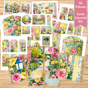 Könnte beinhalten: Ein Set mit 35 bedruckbaren Junk-Journal-Karten mit einem floralen Thema mit rosa, gelben und blauen Blumen. Die Karten beinhalten verschiedene Designs, wie z. B. eine Gartenszene, ein Tor und eine Laterne. Der Text "35 Pieces Junk Journal Kit" ist in der oberen rechten Ecke des Bildes gedruckt.