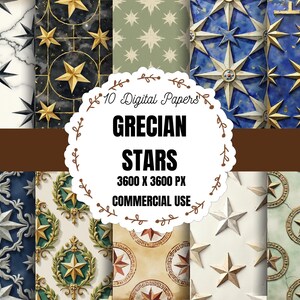 May include: A collection of 10 digital papers featuring star patterns in various colors and textures, including marble, blue, and gold. The central white label displays the text 10 Digital Papers GRECIAN STARS 3600 X 3600 PX COMMERCIAL USE.