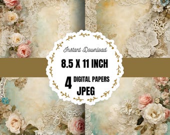 Floral Lace Printable Paper for Journals, Vintage Lace Digital Paper, Lace Design Paper for Crafts, Paper for Scrapbooking with Lace