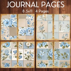 Puede incluir: Páginas de diario con un diseño floral. Las páginas miden 21,6 x 27,9 cm y presentan flores azules sobre un fondo de patchwork. El texto "JOURNAL PAGES" y "4 Pages" son visibles.