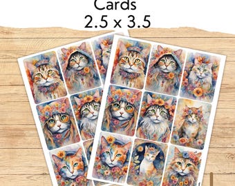 Vintage katt ATC-kort för skräpjournaler, hippiekattkonst för blandade medier, digital retro kattkonst för scrapbooking, hippiekattillustration