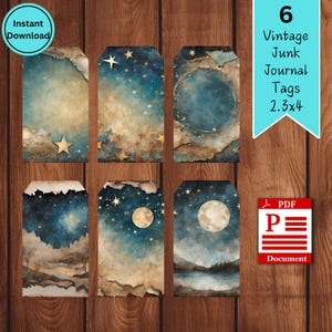 May include: Six vintage style printable journal tags featuring a night sky with stars and a moon. The tags are 2.5 inches by 4 inches and are in a PDF format.