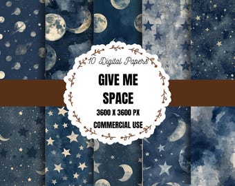 May include: A collection of 10 digital papers with a space theme. The designs feature moons, stars, and planets in shades of blue and white. The text "GIVE ME SPACE" is displayed on a decorative label.