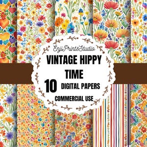 Paquet de papier scrapbooking hippie, papier artisanal hippie rétro, paquet de papier bohème vintage, éphémères de papier esthétique des années 70, paquet de papier imprimable groovy