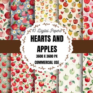 Puede incluir: Una colección de 10 papeles digitales con patrones de acuarela de manzanas rojas y verdes mezcladas con corazones pequeños y margaritas. La etiqueta circular blanca central muestra el texto 10 Digital Papers HEARTS AND APPLES 3600 X 3600 PX COMMERCIAL USE.