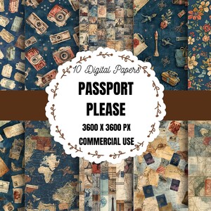 Könnte beinhalten: Eine Sammlung von zehn digitalen Papieren mit Reisemotiven. Die Papiere zeigen Vintage-Kameras, Tickets, Karten und florale Muster in Blau-, Braun- und Beigetönen. Der Text "PASSPORT PLEASE" wird in einem dekorativen Rahmen angezeigt.
