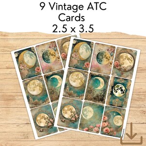 May include: Nine vintage ATC cards featuring moon and crescent moon illustrations in shades of blue, gold, and pink. The cards are 2.5 x 3.5 inches.