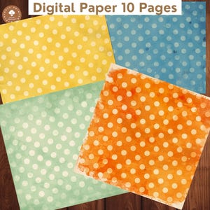 May include: Digital paper with a vintage aesthetic. The image shows four sheets of paper in yellow, blue, mint green, and orange, each with white polka dots. The text "Digital Paper 10 Pages" is at the top.
