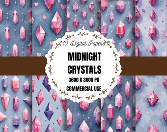 May include: Digital paper pack featuring ten designs with watercolor crystals in shades of pink, purple, and red. The crystals are set against a dark blue background with small hearts and stars. The text "Midnight Crystals" is displayed.