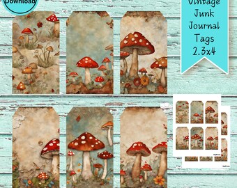 Vintage Mushroom Journal Tags, Mushroom Printable Tags, Junk Journal Printable, Woodland Journal Tags, Journal Inserts, Gift Tags