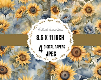 Sonnenblume Digital Papier, Sonnenblume Scrapbook Papier, druckbare Sonnenblume Kunst, Sonnenblume Muster Papier, Vintage Sonnenblume Papier, Sommer Papier