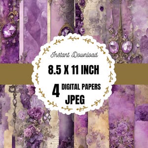 May include: Four digital papers in a purple and gold color scheme with a floral design. The papers are 8.5 x 11 inches and are available for instant download.  The papers are in JPEG format.