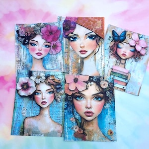 5 Junk Journal Collage Cards, Whimsical Women, Junk Journal Supplies, Scrapbooking Supplies