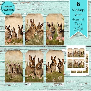 Printable Bunny Tags For Scrapbooking, Digital Rabbit Tag, Vintage Animals Tags, Junk Journal Animals Tags, Vintage Rabbit Label