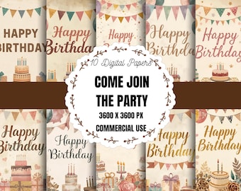 Puede incluir: Una colección de diez papeles digitales con temática de cumpleaños. Cada papel presenta "Happy Birthday" en varias fuentes, junto con imágenes de pasteles de cumpleaños, regalos y banderines decorativos. Para uso comercial.