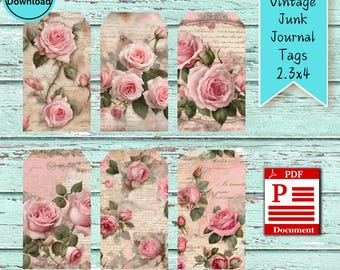Vintage Roses Journal Tags, Botanical Printable Tag, Flowers Ephemera, Pink Roses Image, Junk Journal Supplies, Journal Inserts, Download