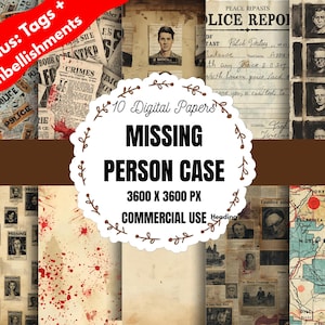 Paquete de papel digital de persona desaparecida, papel de caso sin resolver, álbum de recortes de crímenes reales, papel de diario basura de investigación criminal, escena del crimen