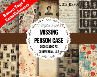 Crime Missing Person Digital Paper Pack, Cold Case Paper, True Crime Scrapbook, Crime Investigation Junk Journal Paper, Crime Scene