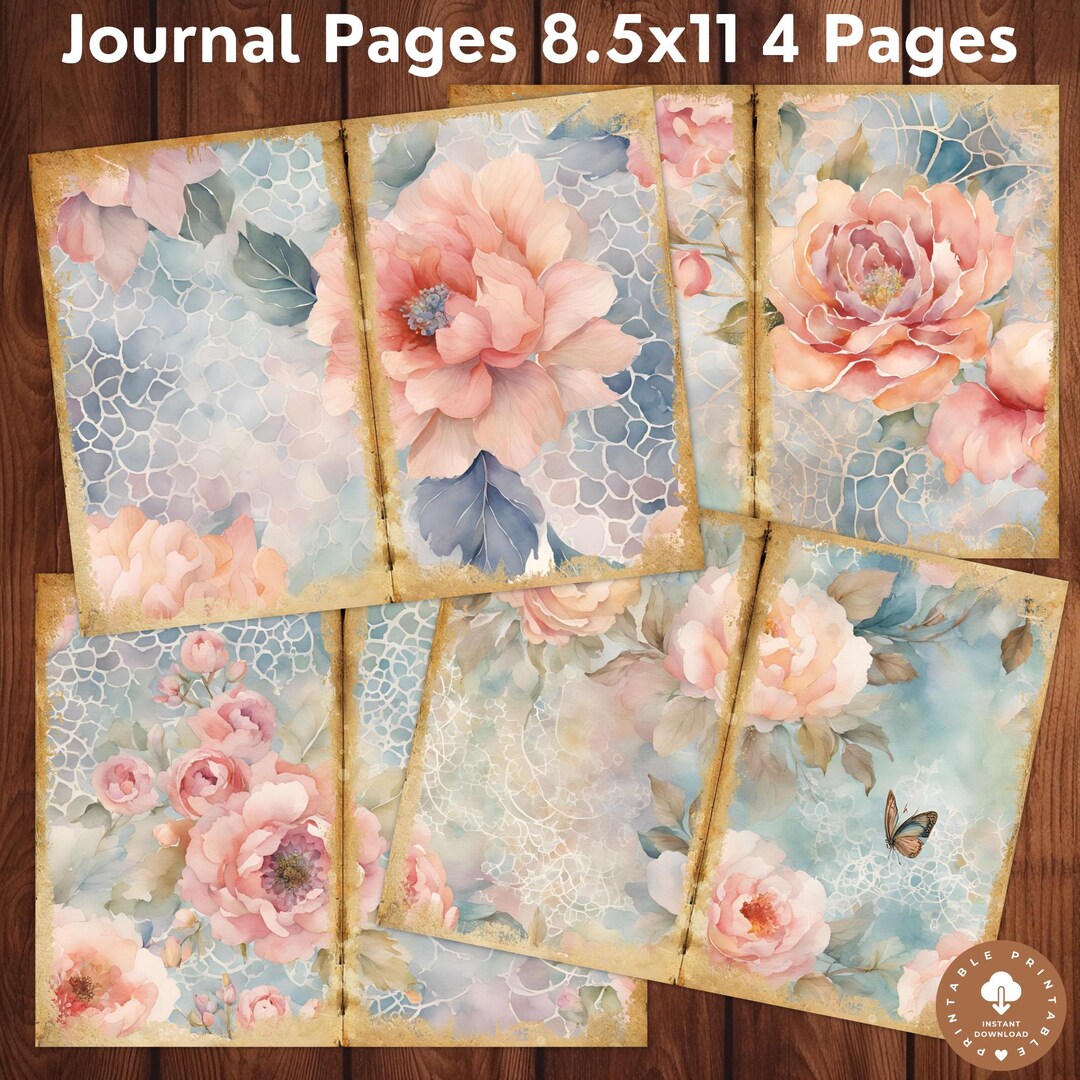 Pink Flowers and Lace Journal Pages, Botanical Lace Ephemera, Victorian ...