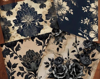 Dark Floral Paper Pack, Moody Floral Paper, Gothic Floral Paper, Dark Botanical Paper, Dark Flower Scrapbook Paper, Dark Floral Backgrounds