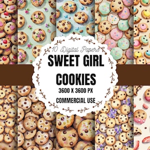 Op de afbeelding: Een collectie van 10 digitale papieren met patronen van chocoladekoekjes, sommige met roze, gele of blauwe glazuur en bloemaccenten. Het centrale witte label toont de tekst 10 Digital Papers SWEET GIRL COOKIES 3600 X 3600 PX COMMERCIAL USE.