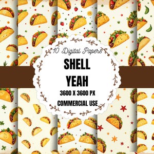 Op de afbeelding: Tien digitale papieren met een herhalend patroon van aquarel taco's met vullingen. De taco's staan tegen een crèmekleurige achtergrond met verspreide sterren, bladeren en bessen. De tekst "SHELL YEAH" wordt weergegeven.