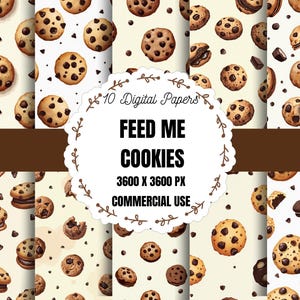 May include: Digital paper set featuring various patterns of chocolate chip cookies. The designs include whole cookies, broken cookies, and chocolate chips on a white background. The text "FEED ME COOKIES" is also visible.