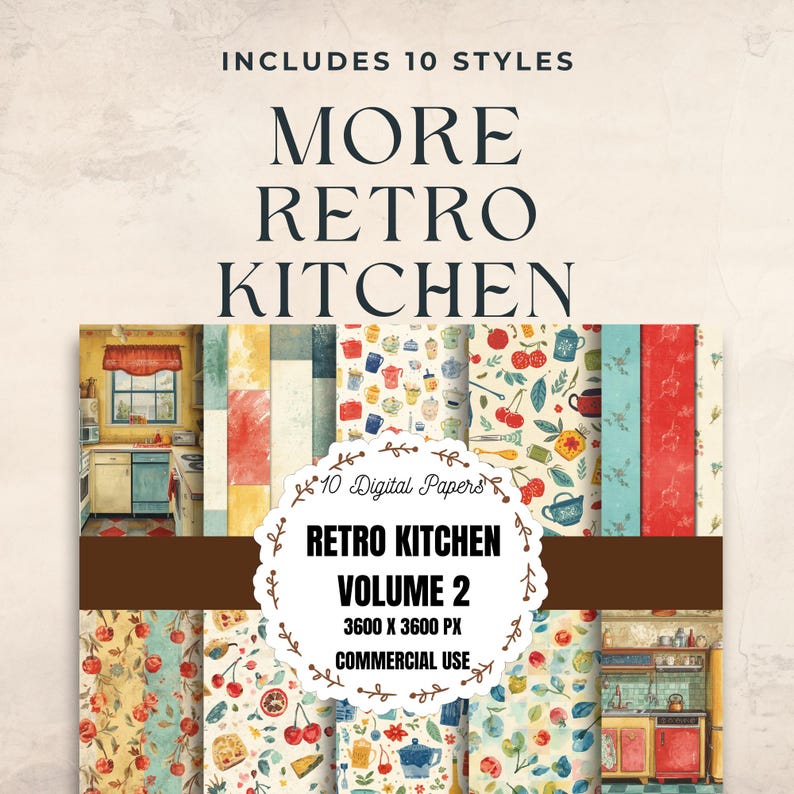 Paper Kichen Retro Kitchen Digital Paper, Vintage Kitchen Digital Paper, Mid Century ...
