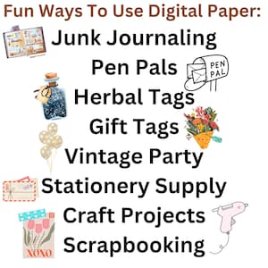 May include: An image with the text "Fun Ways To Use Digital Paper" and illustrations. The image lists ideas such as junk journaling, pen pals, herbal tags, gift tags, vintage party, stationery supply, craft projects, and scrapbooking.
