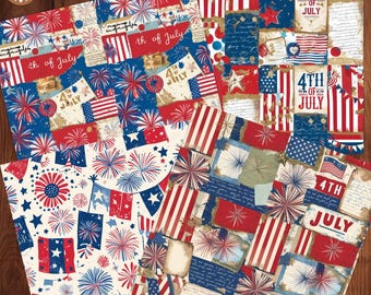 Vintage July Fourth Digital Paper, Patriotic Scrapbook Paper Printable, Red White And Blue Digital Paper, Independence Day Digital Paper