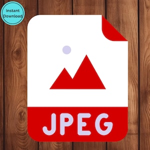 May include: A white file icon with a red mountain graphic and the word "JPEG" in white text. A light blue circle with the words "Instant Download" is in the upper left corner. The background is a brown wood grain.