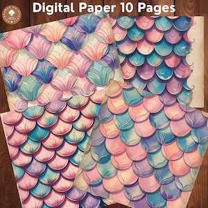 Watercolor Mermaid Digital Paper, Pastel Mermaid Scales Paper, Digital Scrapbook Mermaid Theme, Printable Under The Sea Paper
