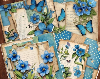 Vintage Blue Botanical Floral Paper, Watercolor Flower Background Blue, Rustic Blue Floral Paper, Floral Scrapbook Paper Download, Country