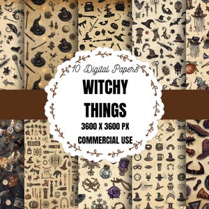 May include: A collection of ten digital papers with a witchy theme. The papers feature various illustrations of witch hats, potion bottles, stars, and other magical elements in a vintage style. The text on the image reads "Witchy Things".